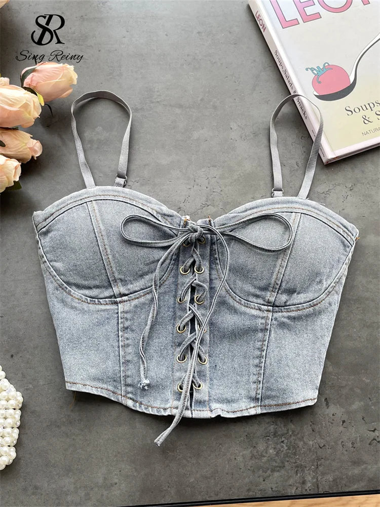 SINGREINY Fashion Women Sexy Denim Camisole Sleeveless Lace Up Skinny Tops 2024 Vintage Backless Elastics Short Streetwear Camis