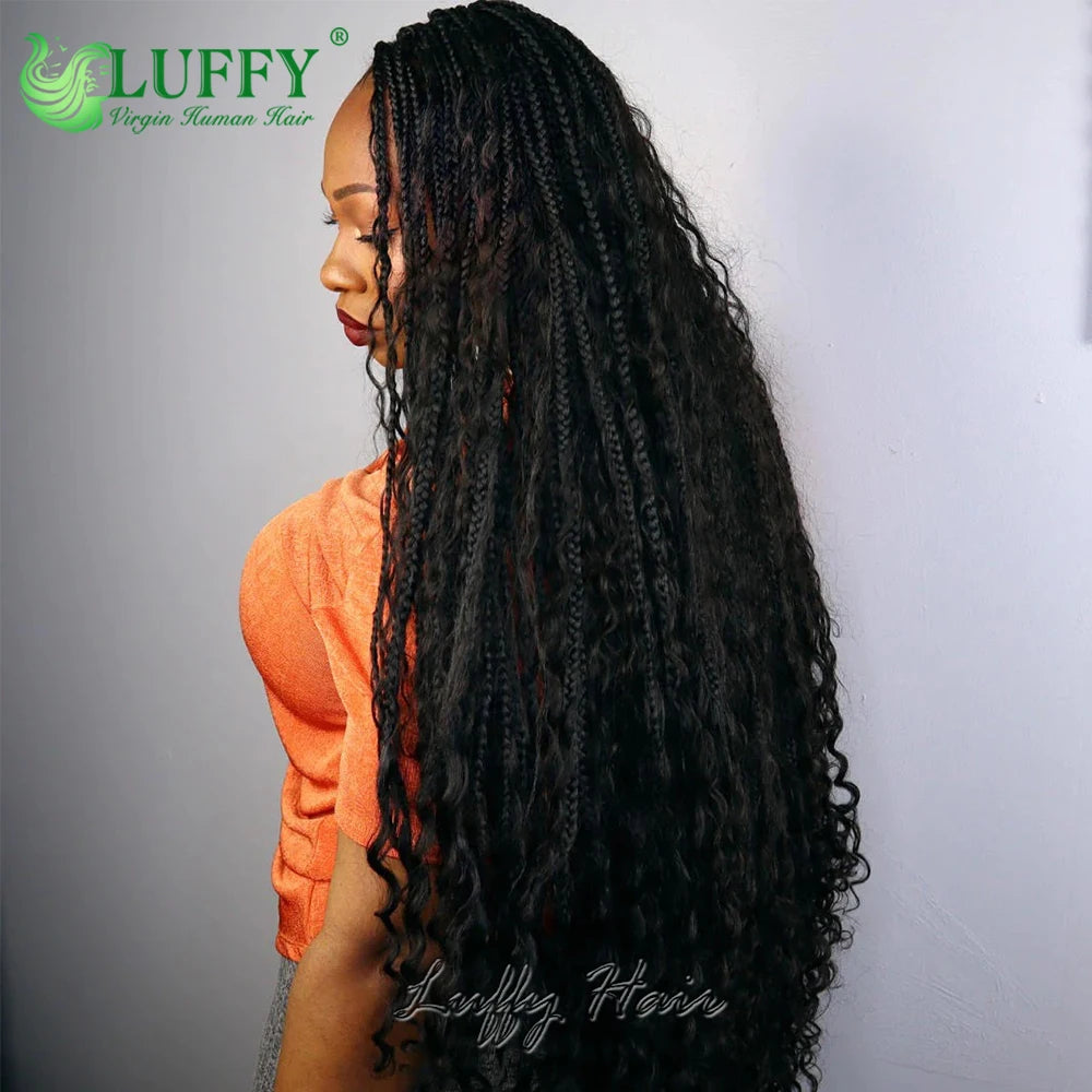 Boho Box Braids Wigs HD Full Lace Braided Wig Human Hair Curly Pre Plucked With Baby Hair Goddess Braided Wigs 300 Density