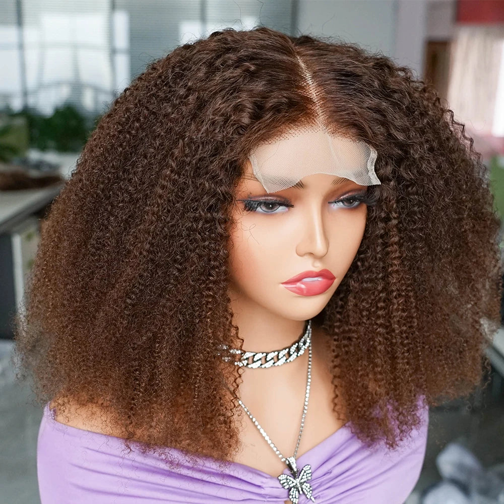 250% Density Brown 4x4 Lace Front Wig Afro Kinky Curly Thick 100% Human Hair Wigs For Women Pre-Plucked Transparent Lace Bobbi