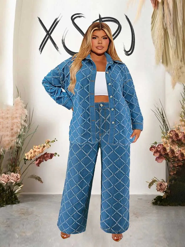 Denim 2 Piece Set Women Jeans and Jacket Winter Casual Outfits Long Sleeve Denim Plaid Coat and Pants Sets Plus Size Clothes