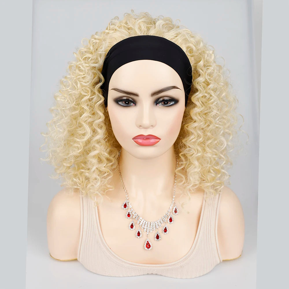 18 Inch Kinky Curly Headband Wig Ombre Afro Curly Wig with Scarf Natural Synthetic Fluffy Curly Turban Wigs for Women Cosplay