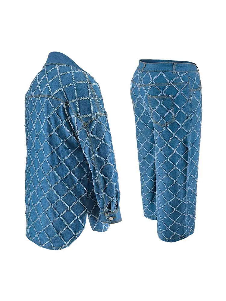 Denim 2 Piece Set Women Jeans and Jacket Winter Casual Outfits Long Sleeve Denim Plaid Coat and Pants Sets Plus Size Clothes