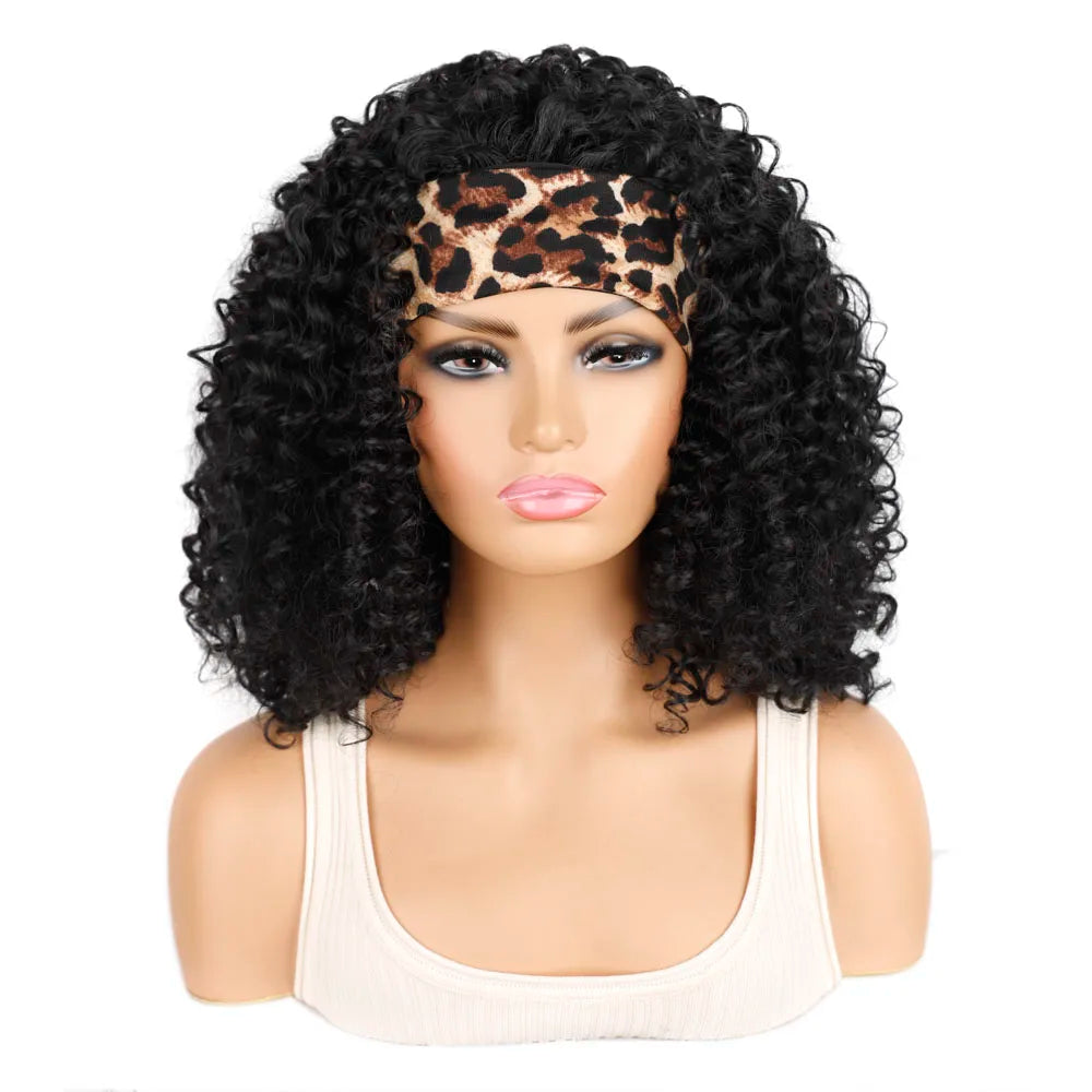 18 Inch Kinky Curly Headband Wig Ombre Afro Curly Wig with Scarf Natural Synthetic Fluffy Curly Turban Wigs for Women Cosplay