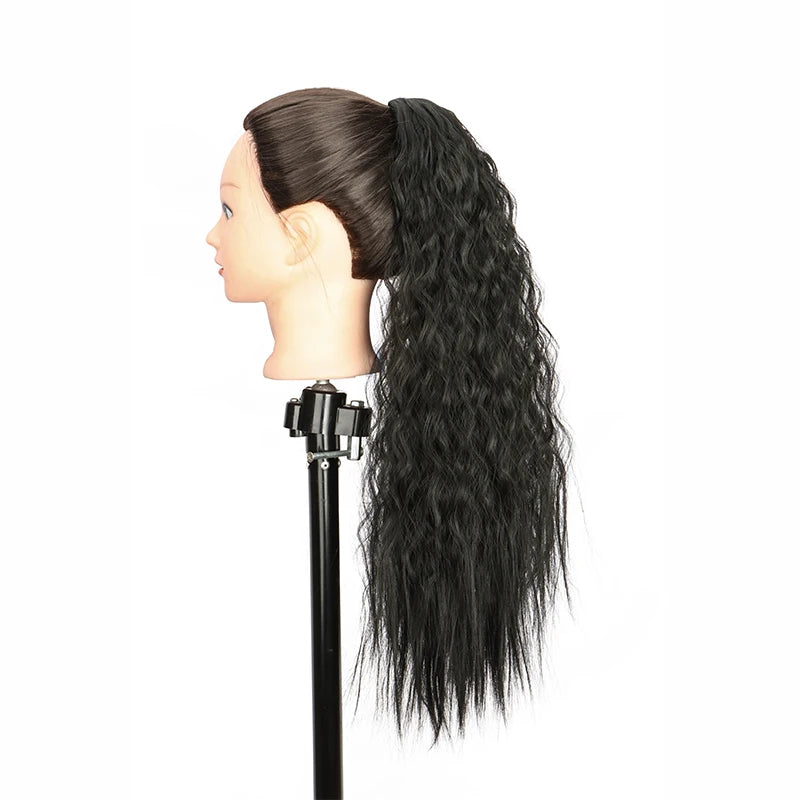 22Inch Synthetic Long Kinky Curly Ponytail Hair Extension Drawstring Wrapped Clip in Hair Black Hairpiecefor Women