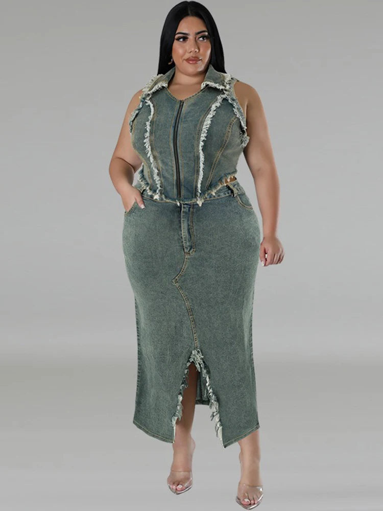 Plus Size 2-Piece Women's Summer Outfit Sleeveless Top And Blue Denim Skirt Set Elegant Lady Dress Wholesale Dropshipping