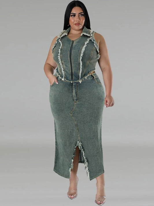 Plus Size 2-Piece Women's Summer Outfit Sleeveless Top And Blue Denim Skirt Set Elegant Lady Dress Wholesale Dropshipping