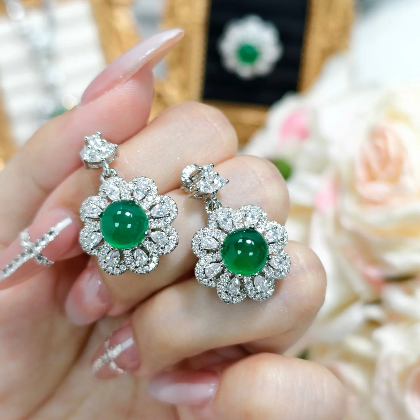 Valuable Lab Jade Diamond Jewelry set 925 Sterling Silver Engagement Wedding Rings Earrings Necklace For Women Bridal Party Gift