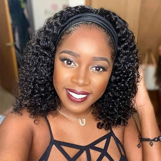 18 Inch Kinky Curly Headband Wig Ombre Afro Curly Wig with Scarf Natural Synthetic Fluffy Curly Turban Wigs for Women Cosplay