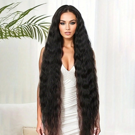 Extro Long Black Deep Wave Wigs 32 Inch Women Stylish Wavy Natural Looking Synthetic Wig for Beginner Friendly Party Cosplay Wig