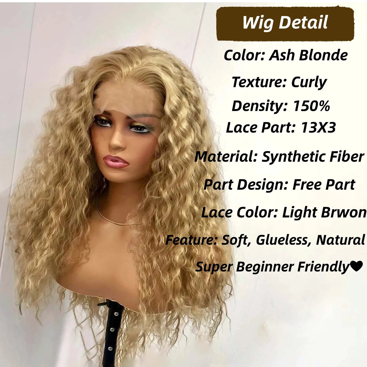 Ash Blonde Wig Long Blonde Curly Wig Synthetic Lace Front Wig Glueless Wigs Ready to Wear Water Wave Curly Lace Wigs for Women