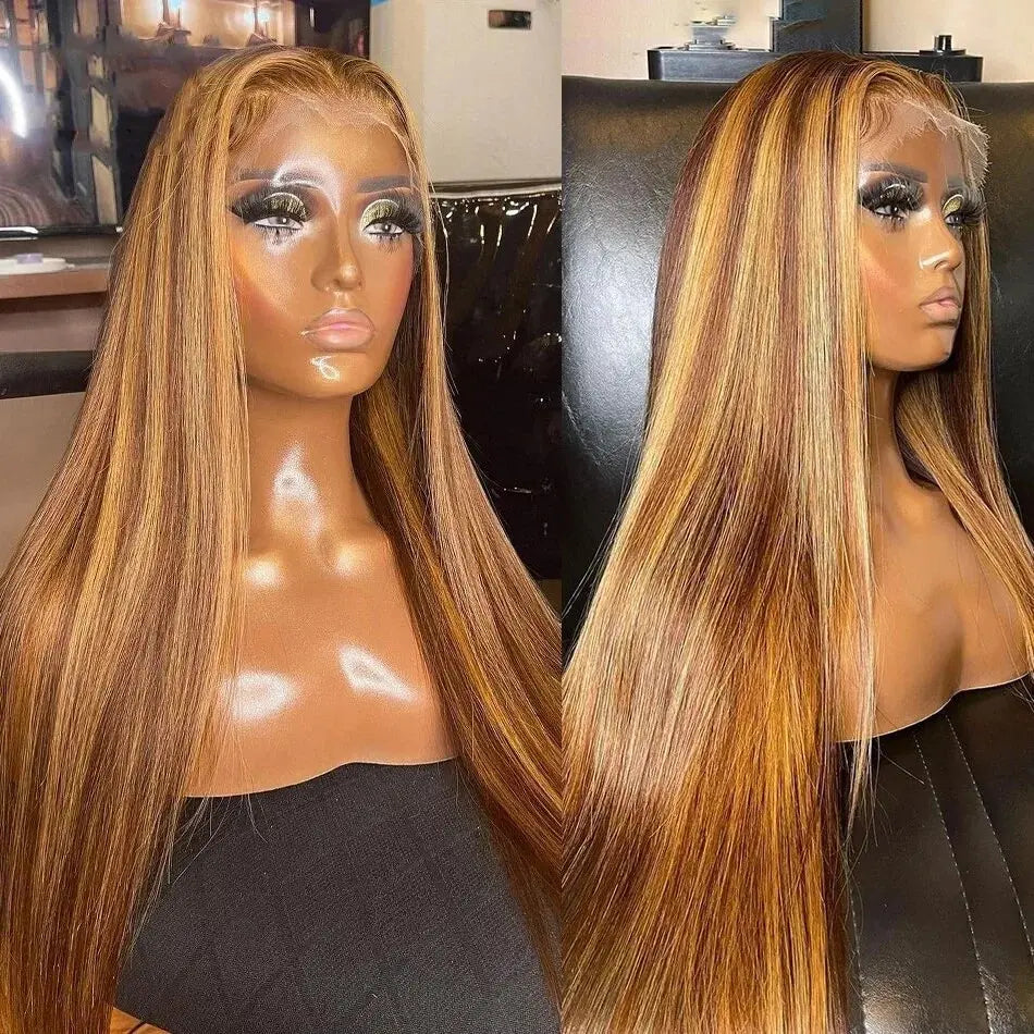 Highlight Colored Lace Front Human Hair Wigs For Women Pre Plucked 13x4 Bone Straight Transparent Lace Frontal Wig On Sale