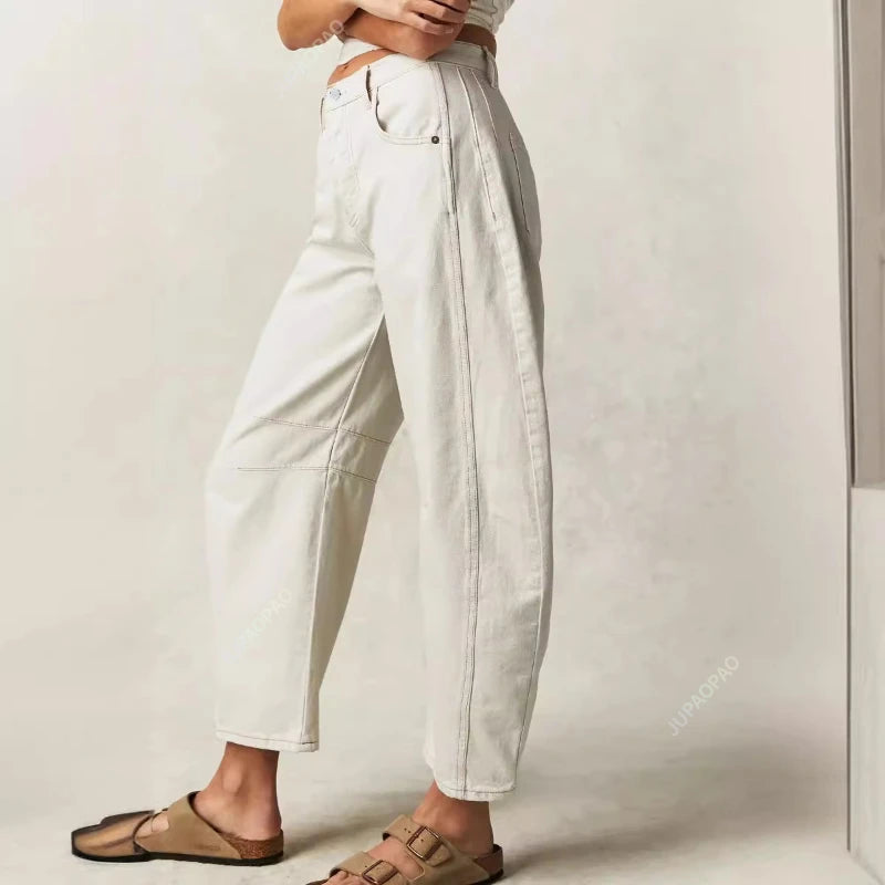 European and American Women's Casual Loose Mid Rise Jeans Trendy Loose Denim Pants Straight Leg Pants Round Neck Jeans Clothes