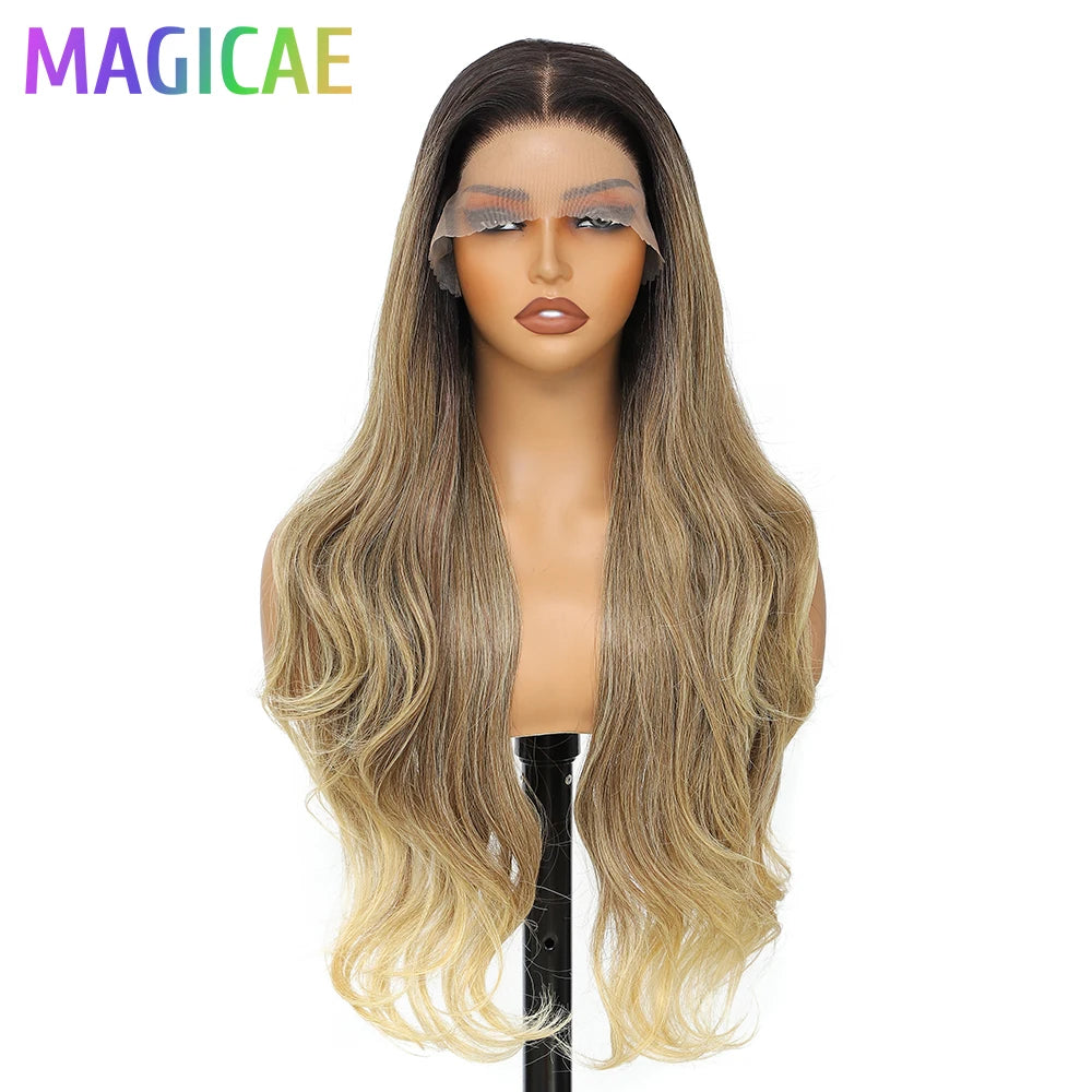 Magicae 13X4 Body Wave Lace Frontal Wigs 30inch Ombre Brown Blond 613# Bio Synthetic Heat Resistant Transparent Frontal Wigs