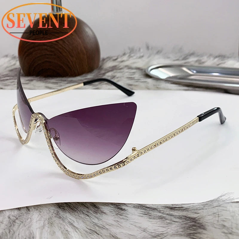 Sexy Cat Eye Rhinestone Rimless Sunglasses Women 2025 Luxury Brand Retro Metal Frame Punk Sun Glasses For Ladies Trendy Shades