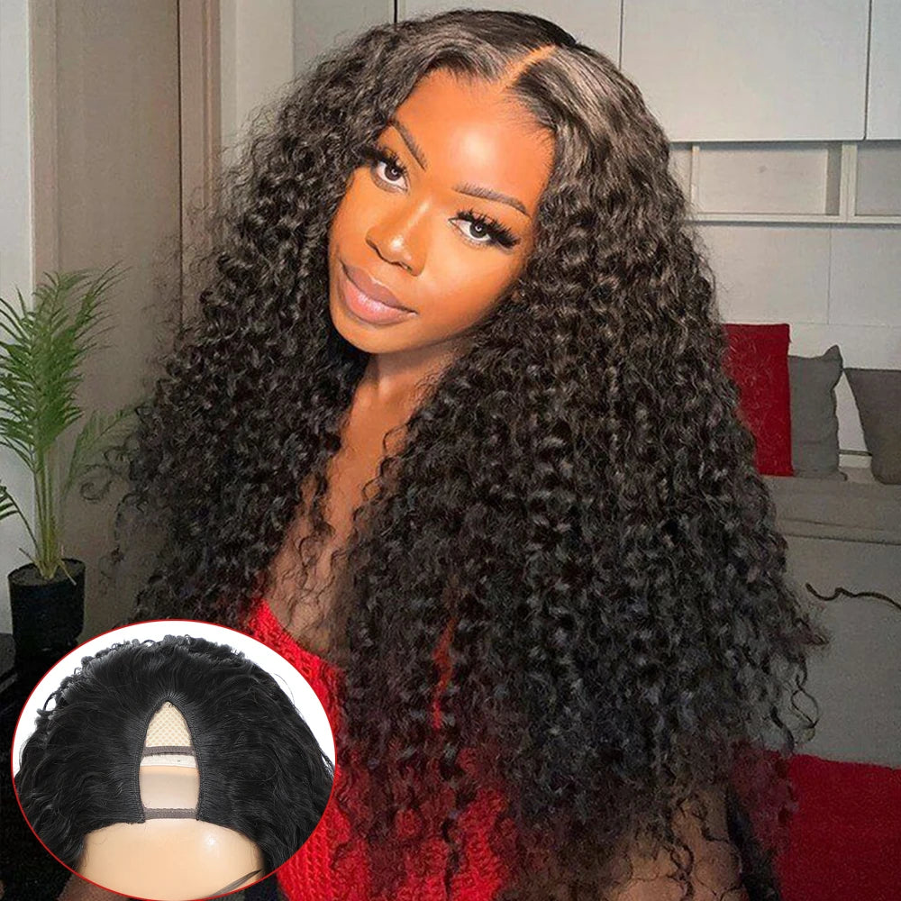V Part Wig Human Hair No Leave Out Brazilian Water Wave Human Hair Wigs for Women V Part Deep Curly Wigs No Glue Wig Virgin 250%