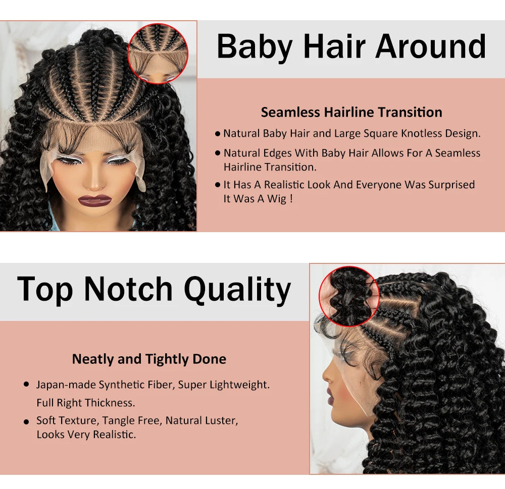 16inch 13x6 Lace Frontal Curly Hair Bob Wigs with Cornrow Braids Synthetic Deep Wave Brazilian Remy Hair Wigs for Black Women
