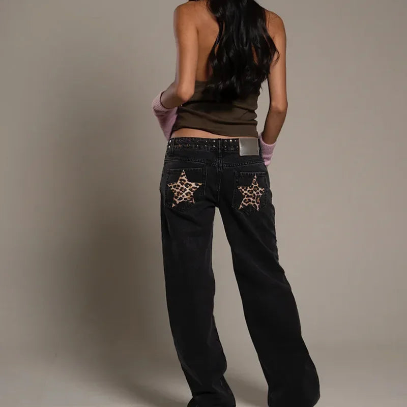 New Fashion Retro Rivet Star Print Baggy Straight Blue Jeans Y2K Women's Simple Classic Wide-leg Jeans Hip-hop Harajuku Jeans