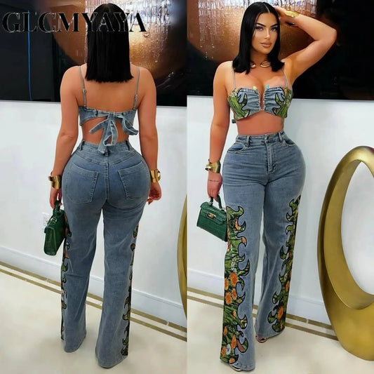 CM.YAYA Fashion Denim Women's Set Spaghetti Strap Crop Top and Wide Leg Jeans Pants Suit 2025 Holiday Two 2 Piece Set Outfit