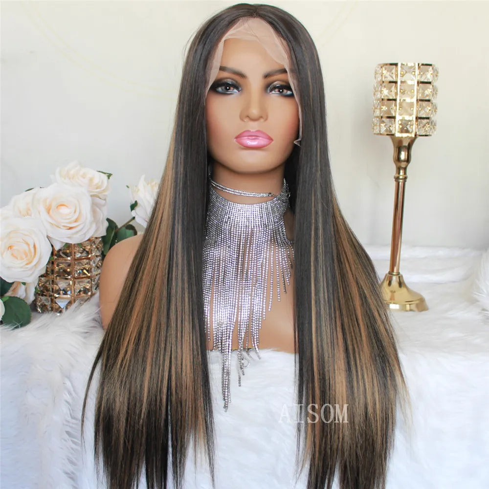 Highlight Blonde Platinum Straight Lace Front Wig Synthetic Hair for Women 13x4” Lace Frontal Wig Pre Plucked Blonde Colored Wig