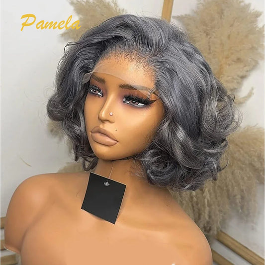 Short Bob Loose Wave Lace 13x4 Lace Front Wigs Pre Plucked Bleached Knots Pixie Cut Transparent Lace Front Gray Human Hair Wigs