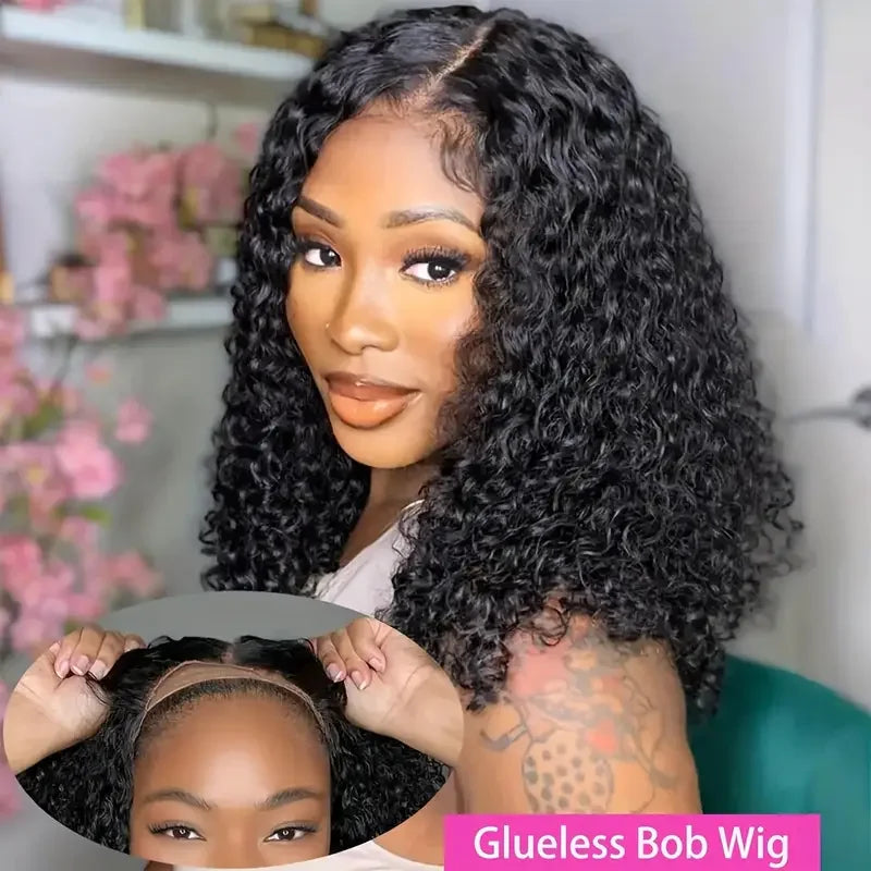 Short Bob Glueless Wigs Deep Wave Glueless Human Hair Ready To Wear 180% Pre Cut Lace 4x4 13x4 Culry Lace Front Human Hair Black