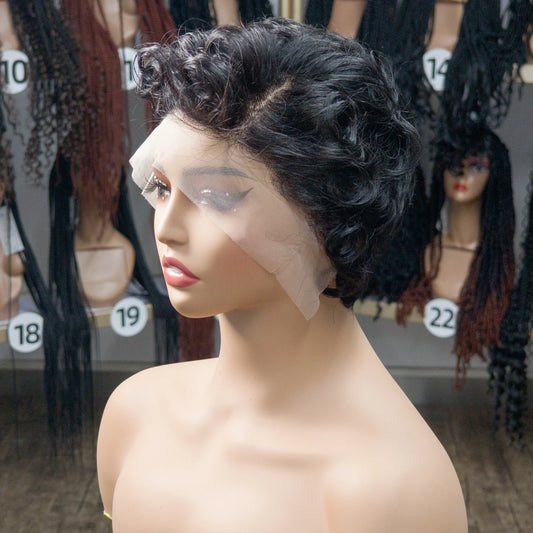 Natural Color 180% Density Pixie Cut Curly Wigs 13x4 Transparent Lace Frontal Wigs Brazilian Human Hair Bouncy Curly Bob Wig 1B#