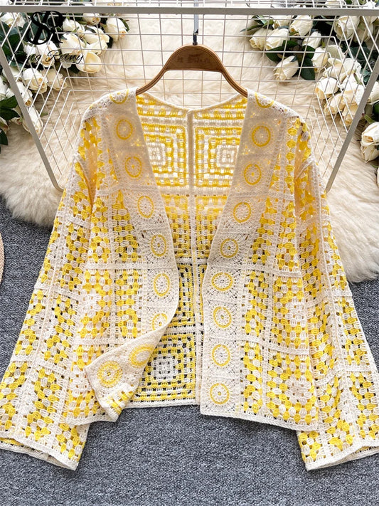 SINGREINY Vintage Boho Loose Plaid Cardigans Female Long Sleeves Hook Flower Hollow Tops 2025 Vacation Sunscreen Casual Shirt