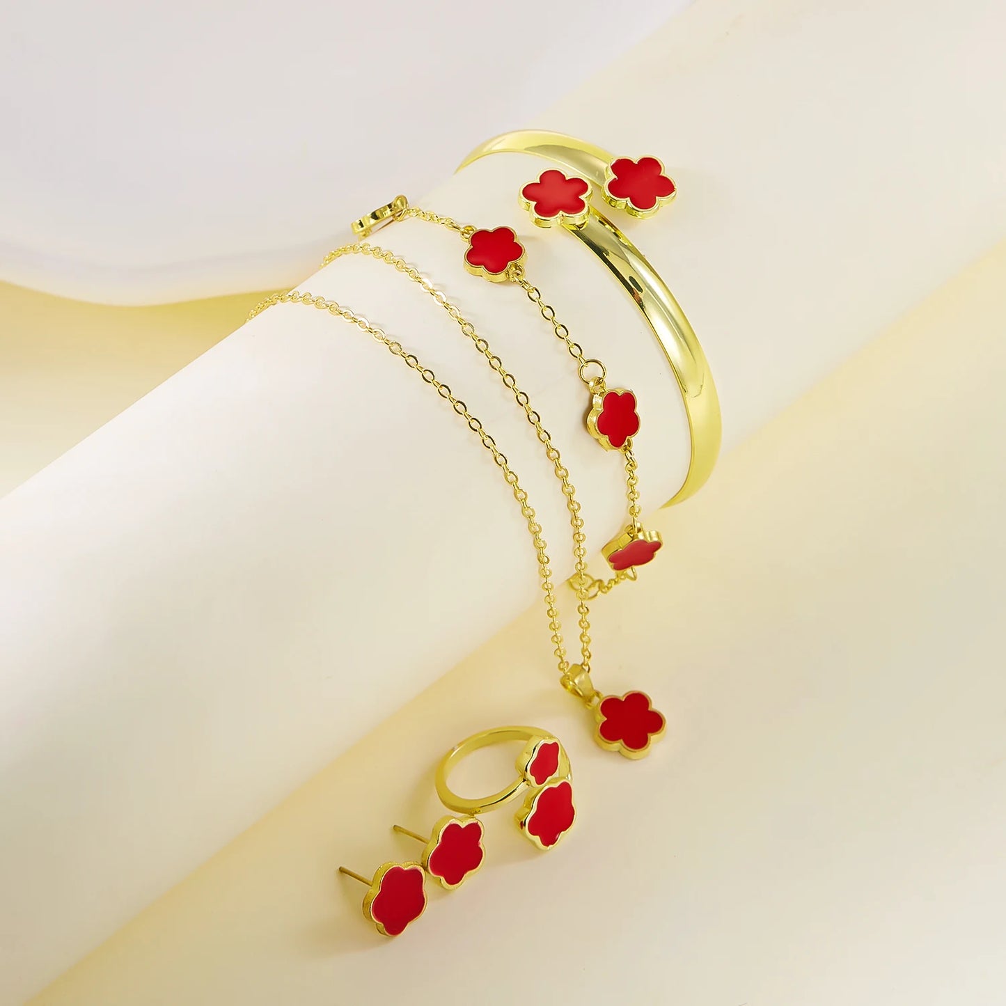 5pcs/set Colorful Enamel Plum Blossom Bracelets for Women Lucky Five Leaf Flower Necklace Earring Elegance Party Jewelry Gifts