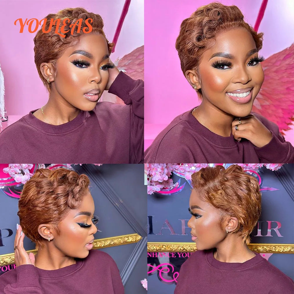 613 Blonde Pixie Cut Short Bob Deep Wave Human Hair Wigs Reddish Brown Short Bob 13x4 Transparent Lace Front Wigs Preplucked