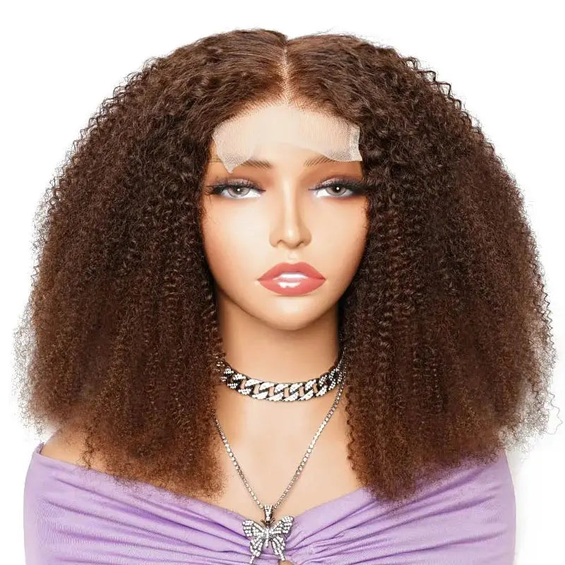 250% Density Brown 4x4 Lace Front Wig Afro Kinky Curly Thick 100% Human Hair Wigs For Women Pre-Plucked Transparent Lace Bobbi