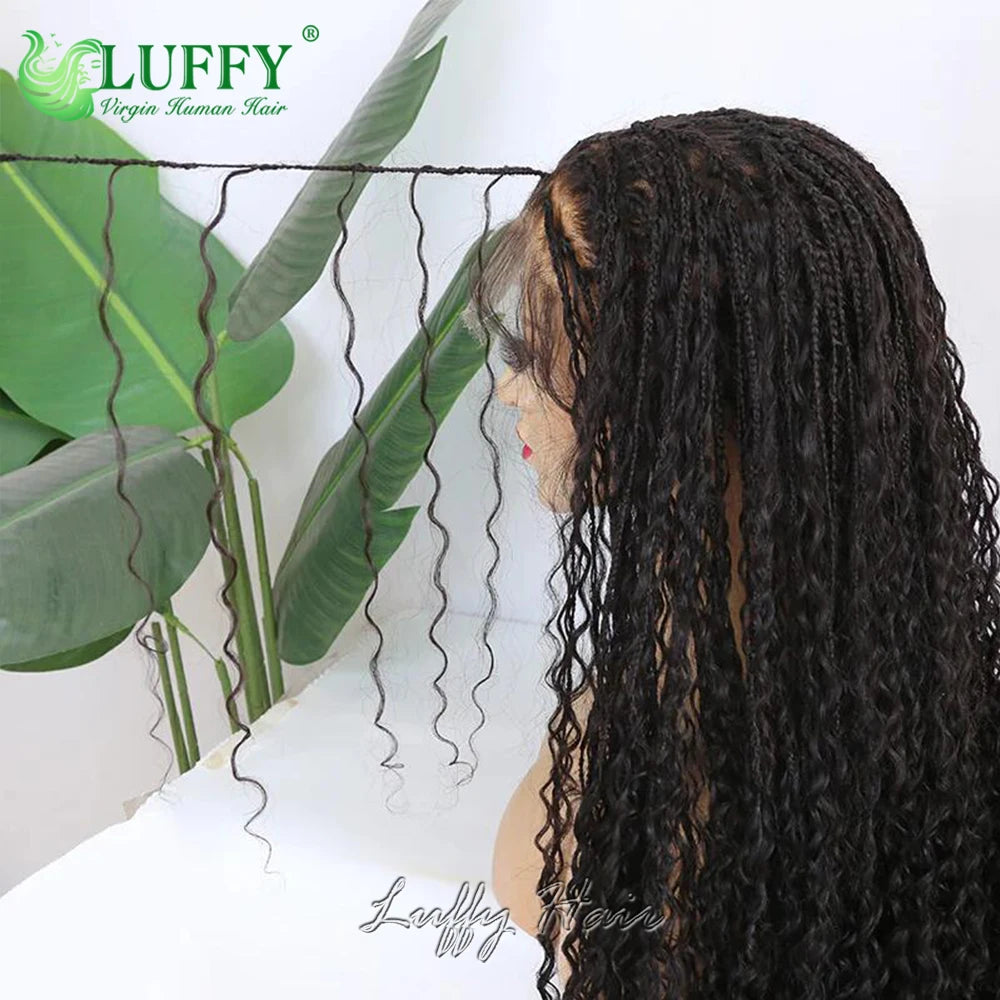 Boho Box Braids Wigs HD Full Lace Braided Wig Human Hair Curly Pre Plucked With Baby Hair Goddess Braided Wigs 300 Density