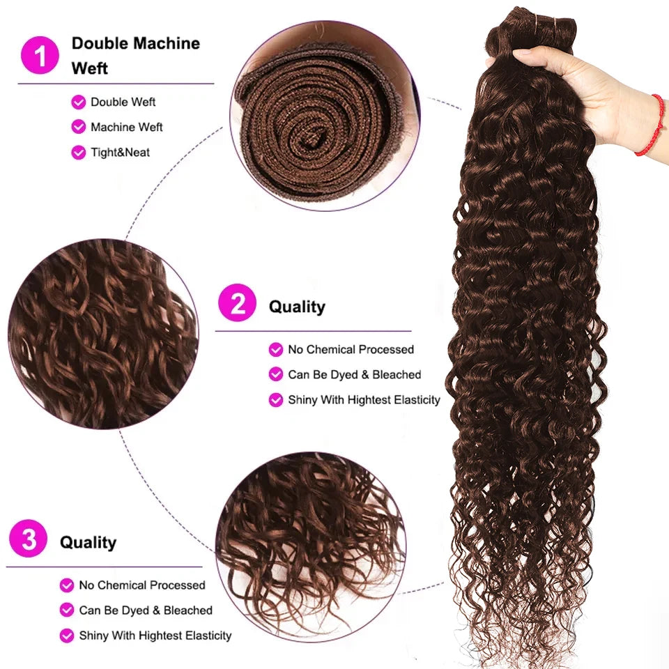 #4 Chocolate Brown Water Wave Curly 10-30 Inch Human Hair Bundles Deep Curly Wave Brazilian Virgin Raw Hair Sew-In Bundles