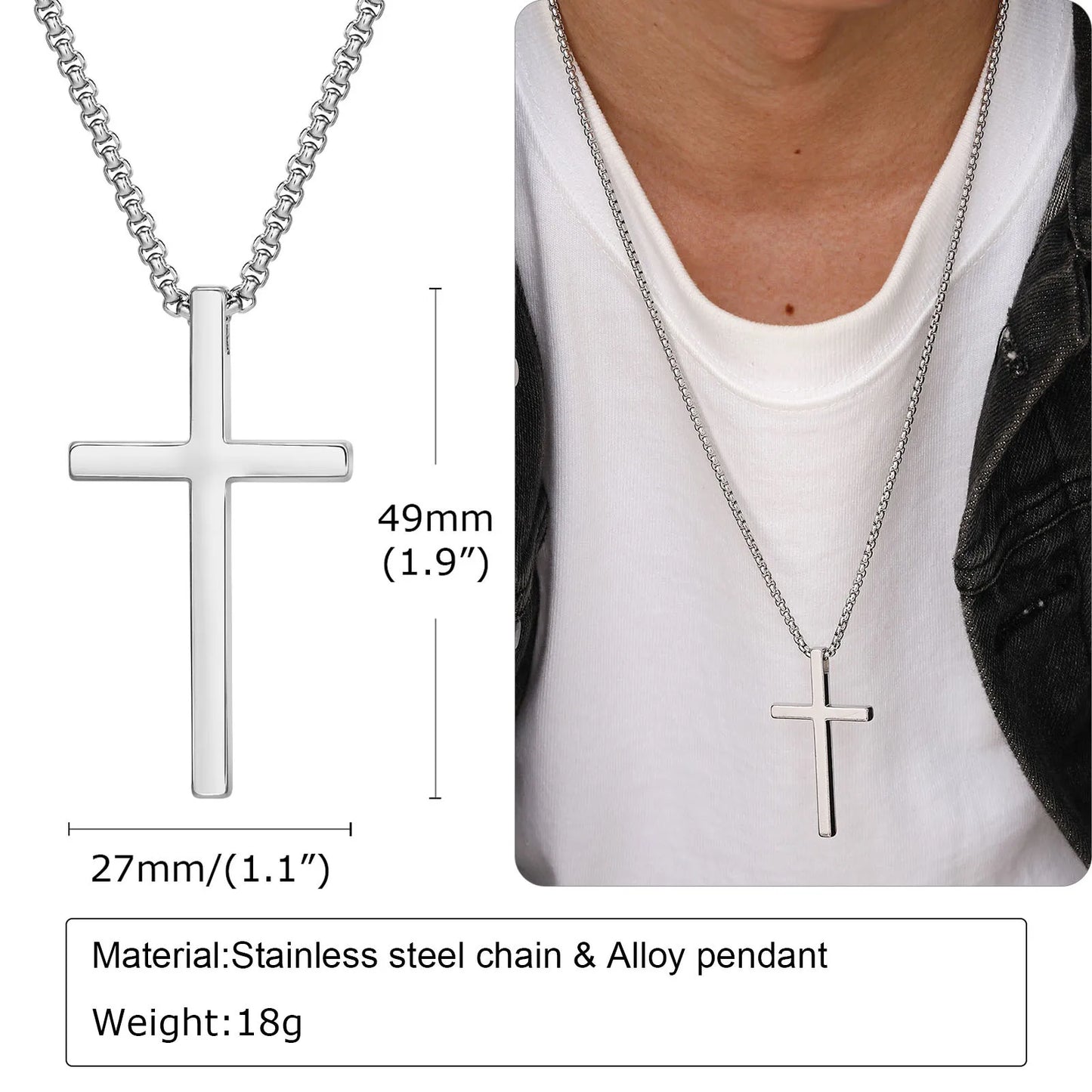 Vnox Cross Necklace for Men Women, Silver Color Plain Cross Pendant Collar with Stainless Steel Box Chain