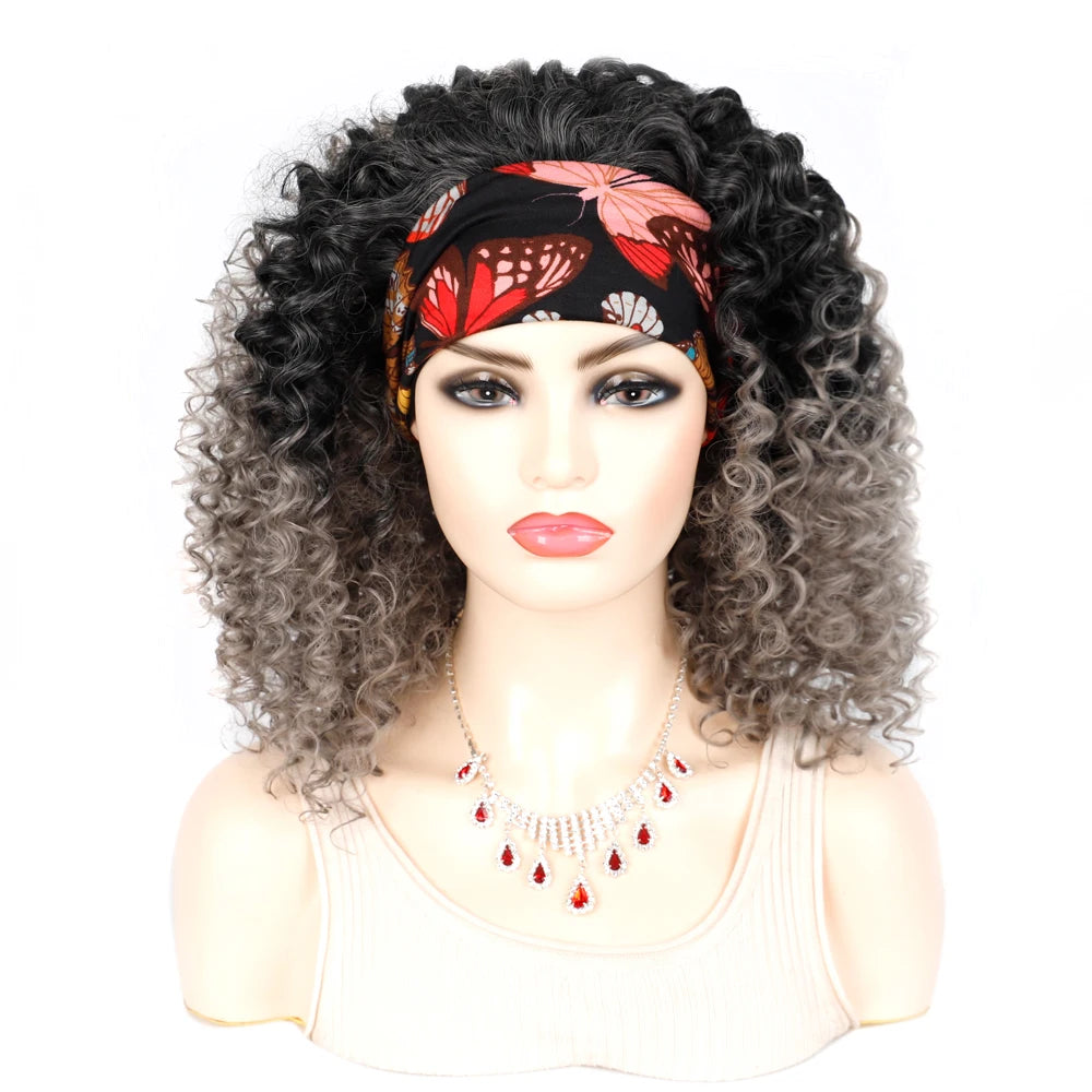 18 Inch Kinky Curly Headband Wig Ombre Afro Curly Wig with Scarf Natural Synthetic Fluffy Curly Turban Wigs for Women Cosplay