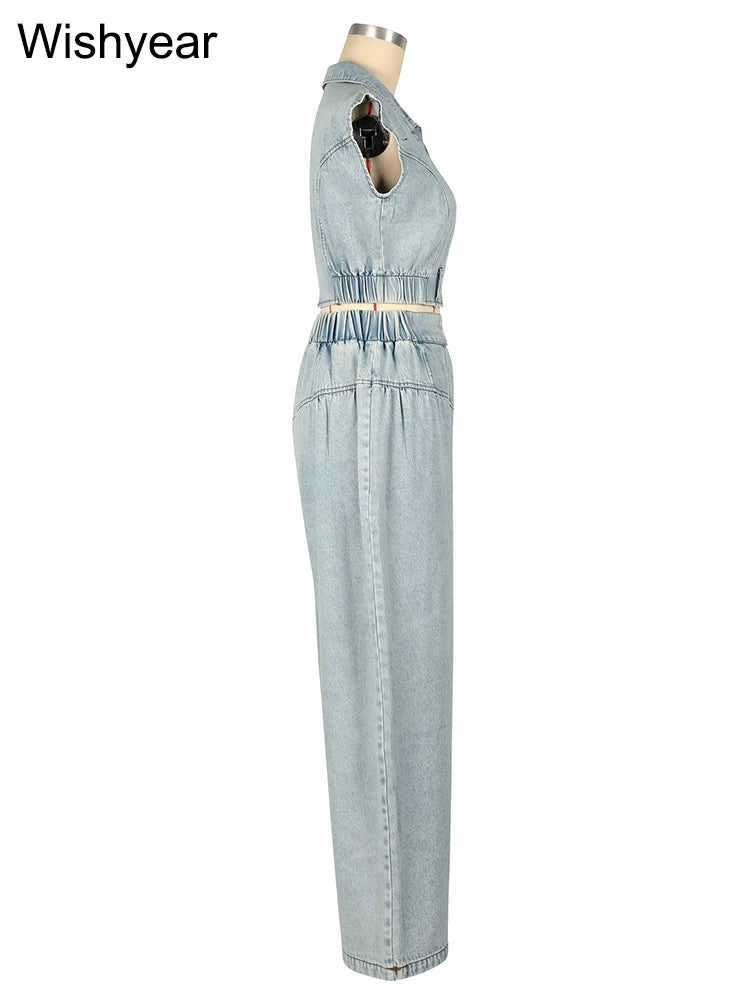 Elegant Denim Women Sleeveless Zipper Crop Top and Wide Leg Pants Two Piece Set Fashion Streetwear Loose Matching Jeans Outfits