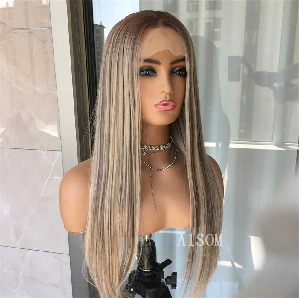 Highlight Blonde Platinum Straight Lace Front Wig Synthetic Hair for Women 13x4” Lace Frontal Wig Pre Plucked Blonde Colored Wig