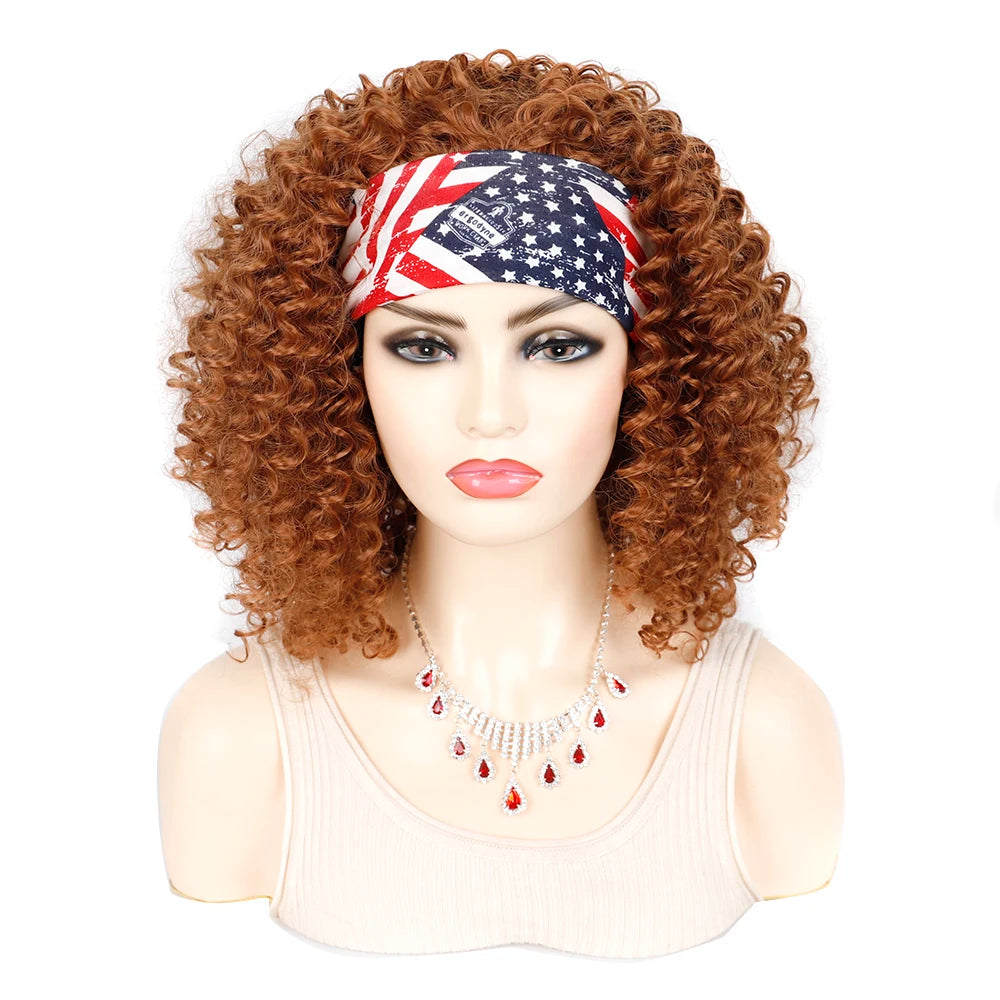 18 Inch Kinky Curly Headband Wig Ombre Afro Curly Wig with Scarf Natural Synthetic Fluffy Curly Turban Wigs for Women Cosplay