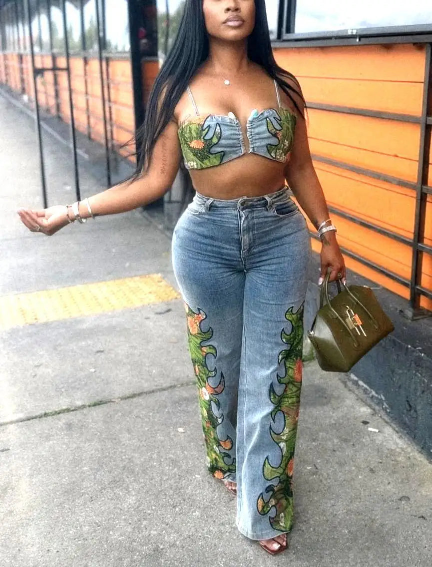 CM.YAYA Fashion Denim Women's Set Spaghetti Strap Crop Top and Wide Leg Jeans Pants Suit 2025 Holiday Two 2 Piece Set Outfit