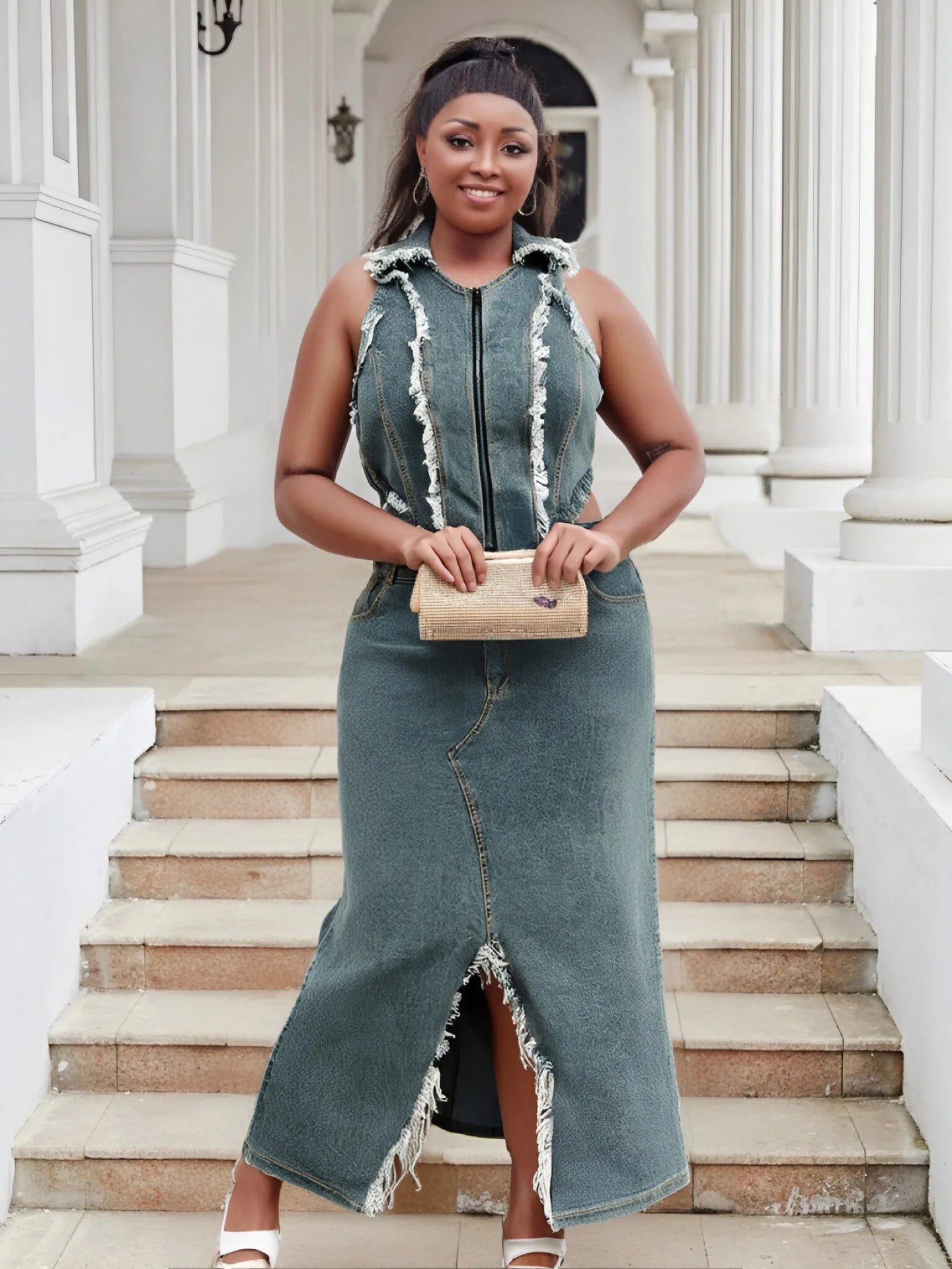 Two Piece Set Plus Size Clothes Summer Autumn V-Neck Sleeveless Denim Top And Maxi Skirt Women Sets Streetwear Office Lady Suit