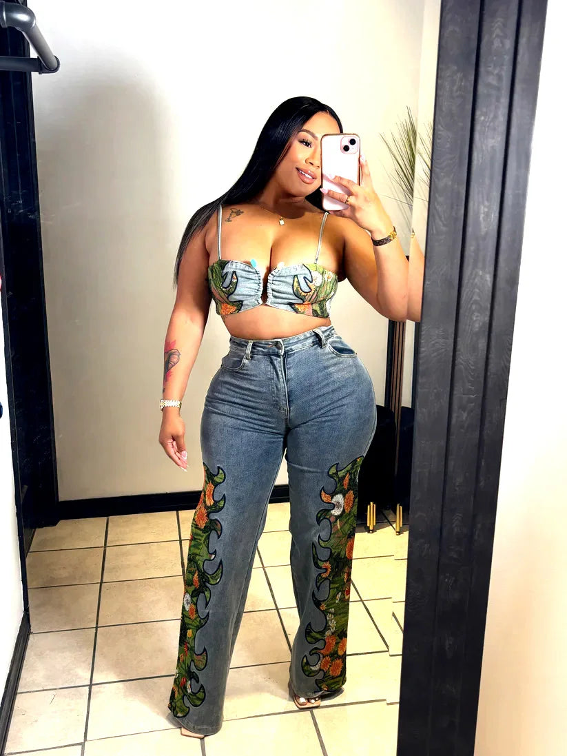 CM.YAYA Fashion Denim Women's Set Spaghetti Strap Crop Top and Wide Leg Jeans Pants Suit 2025 Holiday Two 2 Piece Set Outfit