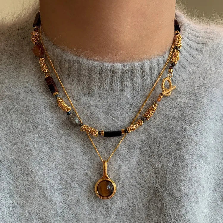 Sun Star Zircon Necklace for Women Vintage Leather Necklace Double Layered Pendant Chain Choker Fashion Jewelry
