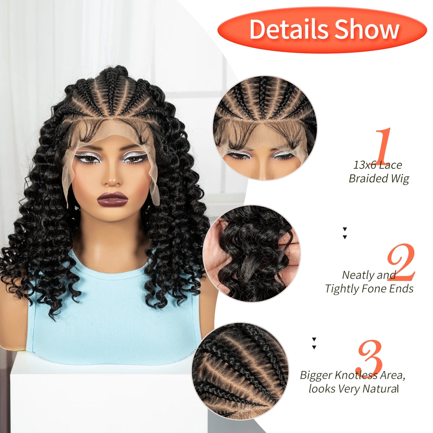 16inch 13x6 Lace Frontal Curly Hair Bob Wigs with Cornrow Braids Synthetic Deep Wave Brazilian Remy Hair Wigs for Black Women