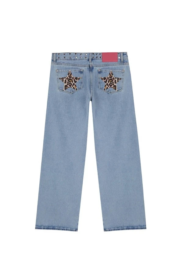 New Fashion Retro Rivet Star Print Baggy Straight Blue Jeans Y2K Women's Simple Classic Wide-leg Jeans Hip-hop Harajuku Jeans