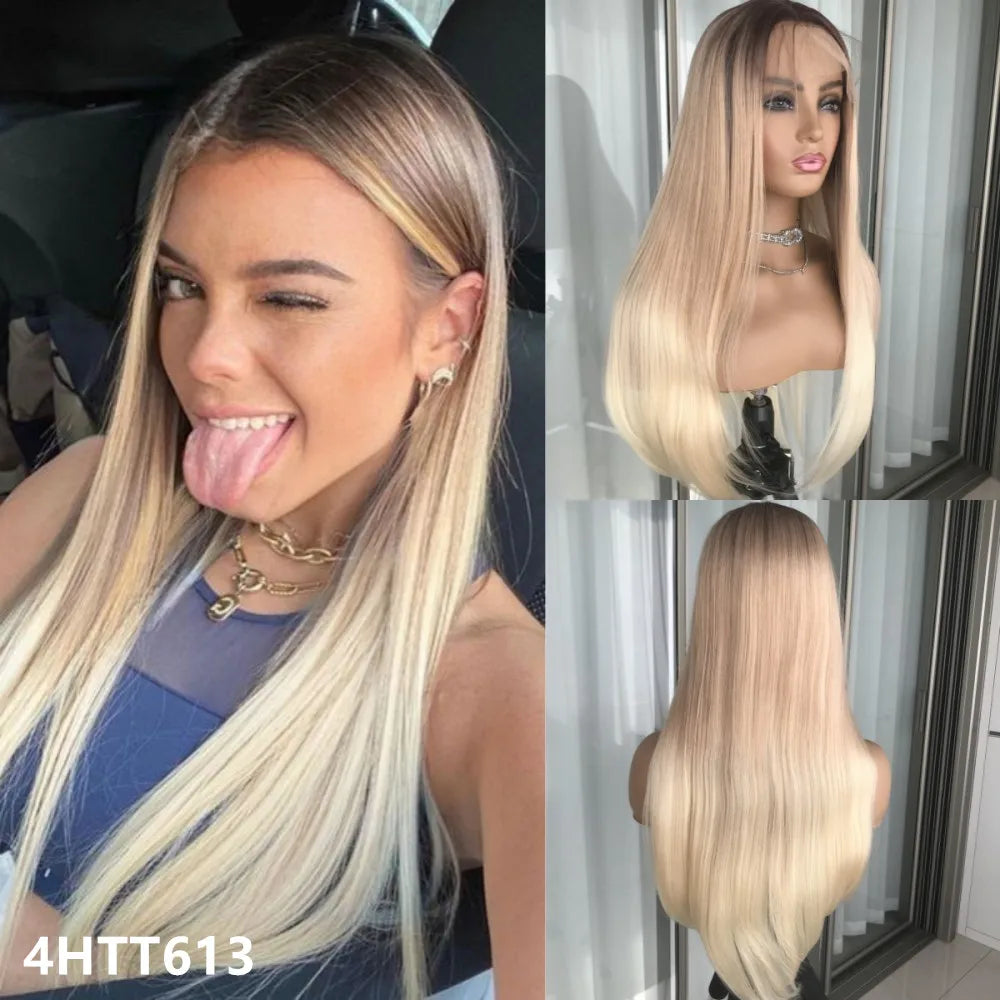 Highlight Blonde Platinum Straight Lace Front Wig Synthetic Hair for Women 13x4” Lace Frontal Wig Pre Plucked Blonde Colored Wig