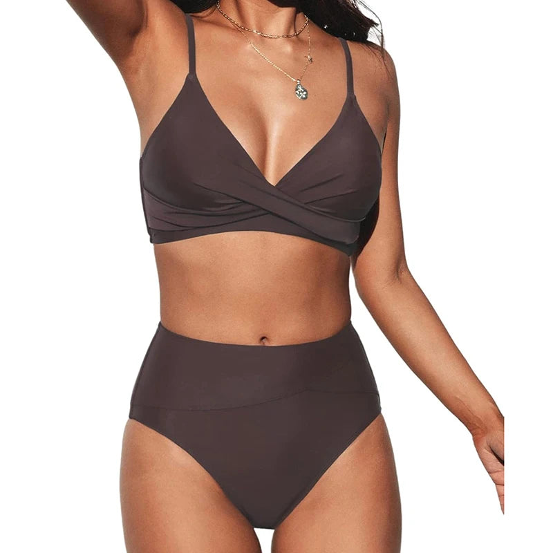 Bikini Set Women's 2 Piece Swimwear Cross Ruched V Neck High Waisted Push Up Bikini 2025 New Beach Vacation Ladies Bathing Suit