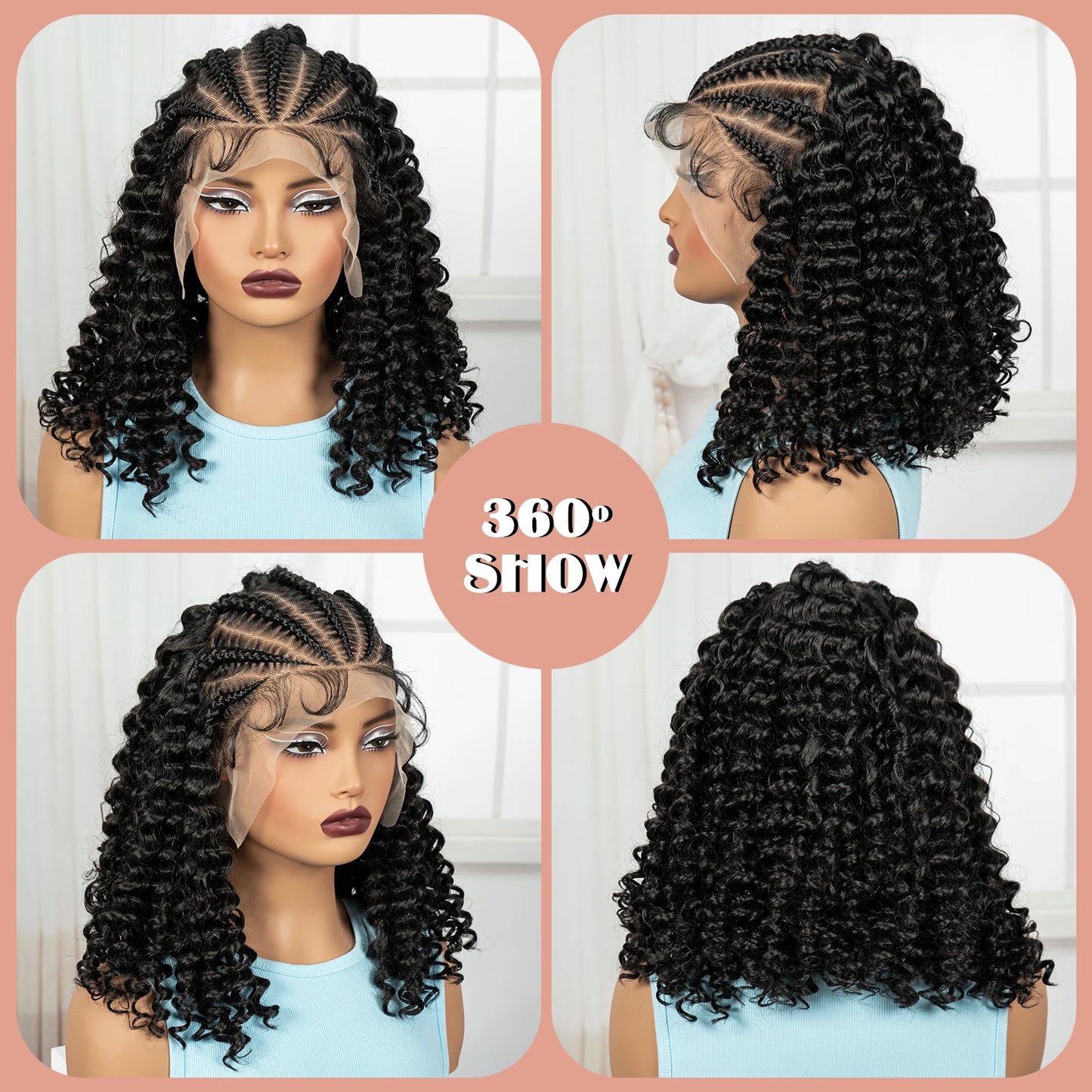 16inch 13x6 Lace Frontal Curly Hair Bob Wigs with Cornrow Braids Synthetic Deep Wave Brazilian Remy Hair Wigs for Black Women