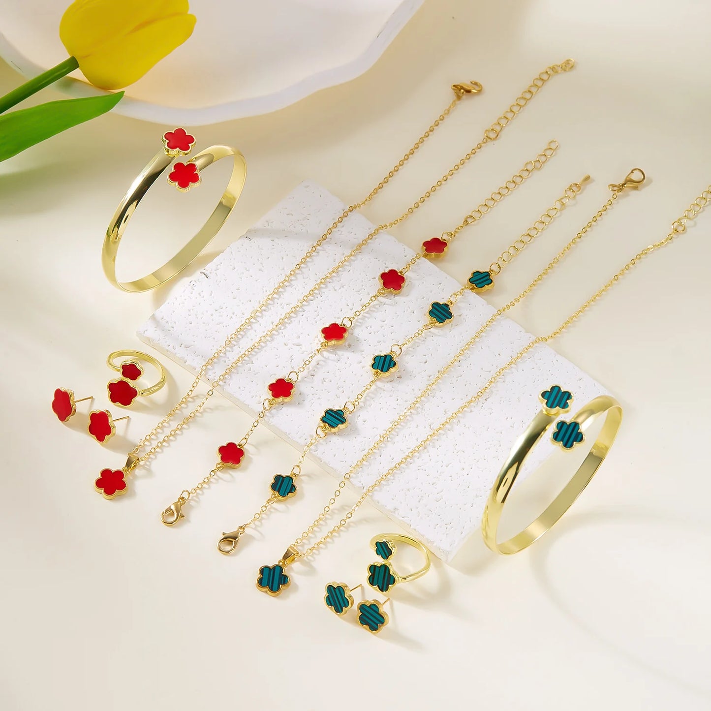 5pcs/set Colorful Enamel Plum Blossom Bracelets for Women Lucky Five Leaf Flower Necklace Earring Elegance Party Jewelry Gifts