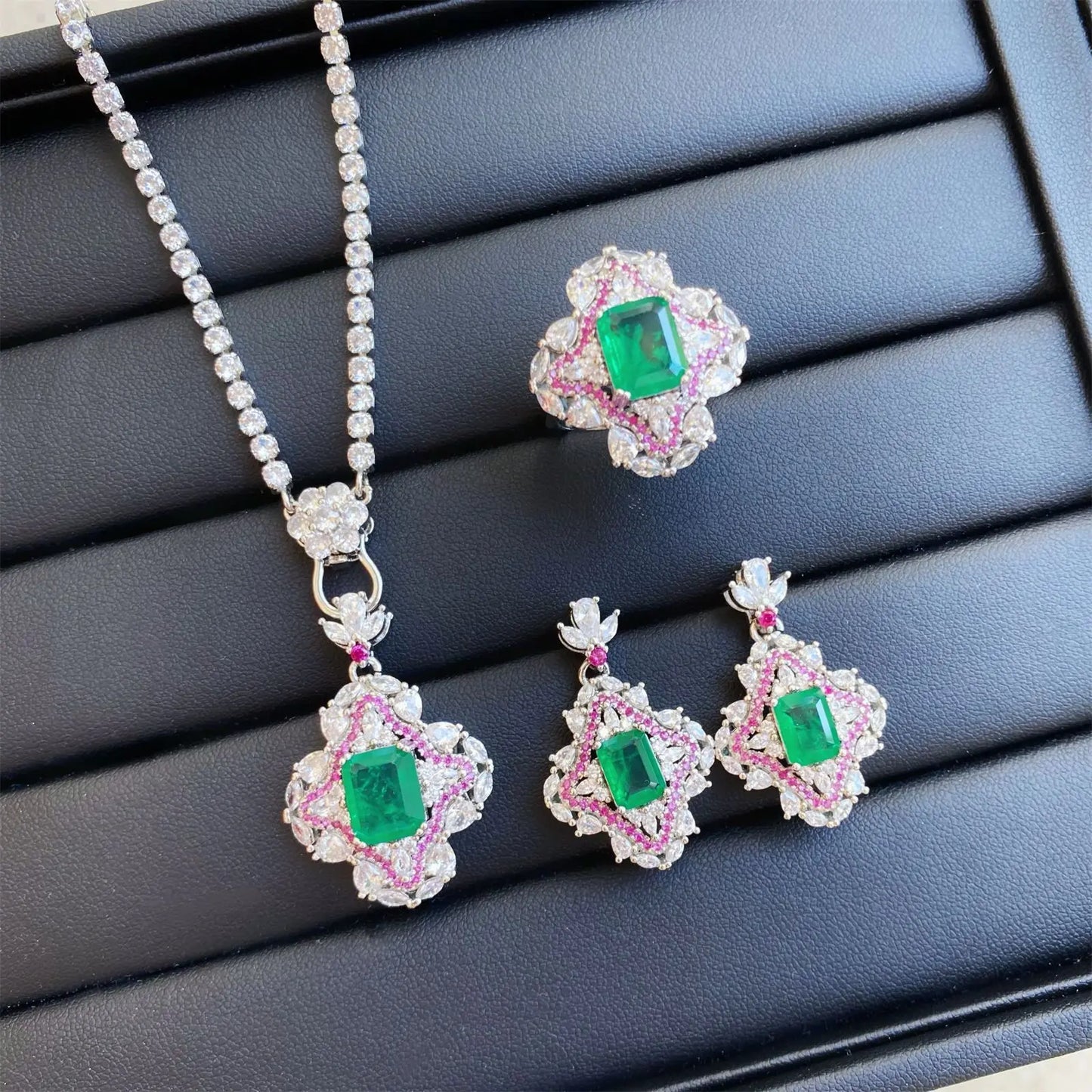 Valuable Lab Jade Diamond Jewelry set 925 Sterling Silver Engagement Wedding Rings Earrings Necklace For Women Bridal Party Gift