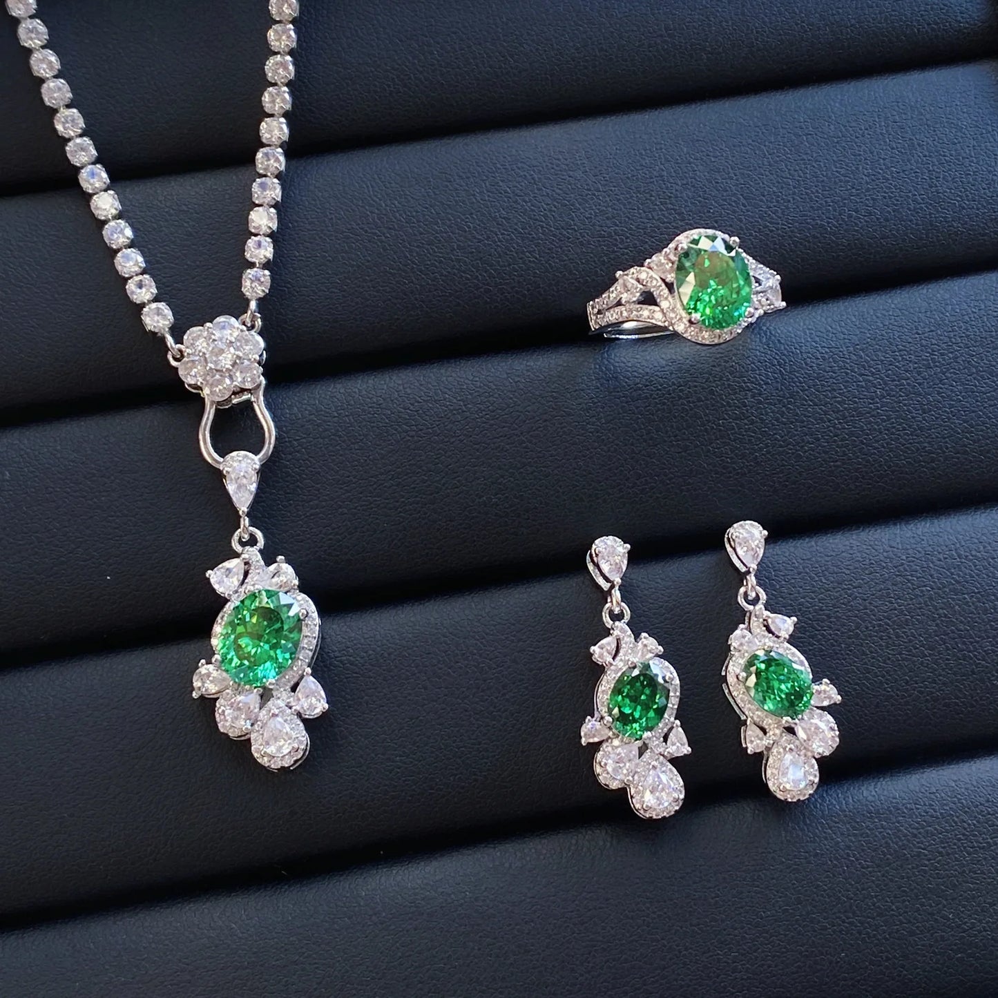 Valuable Lab Jade Diamond Jewelry set 925 Sterling Silver Engagement Wedding Rings Earrings Necklace For Women Bridal Party Gift