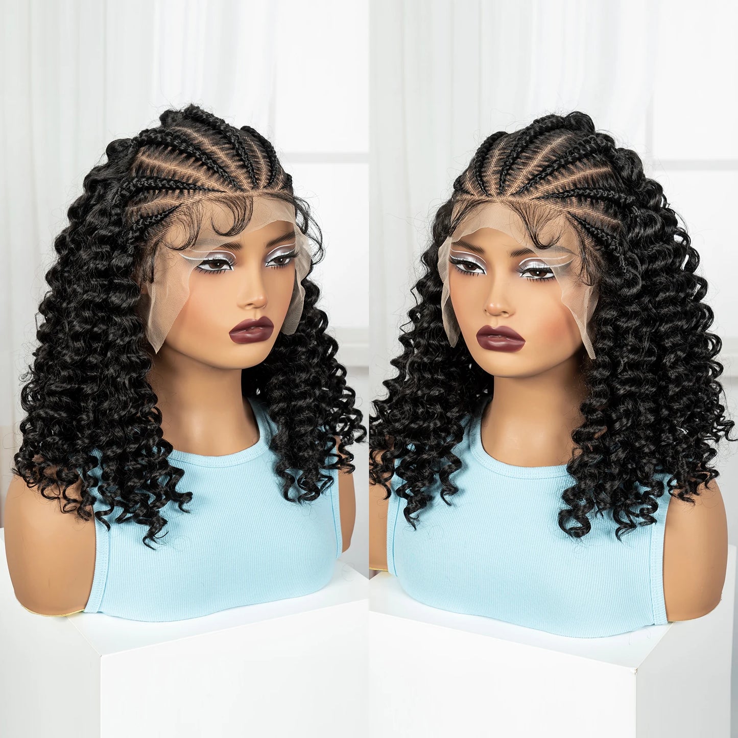 16inch 13x6 Lace Frontal Curly Hair Bob Wigs with Cornrow Braids Synthetic Deep Wave Brazilian Remy Hair Wigs for Black Women